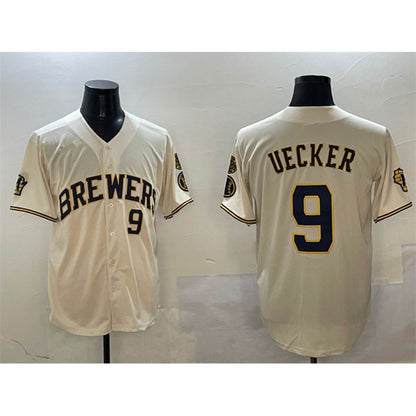 Milwaukee Brewers #9 Bob Uecker Cream MIKSHPS With Home Patch Limited Stitched Baseball Jersey