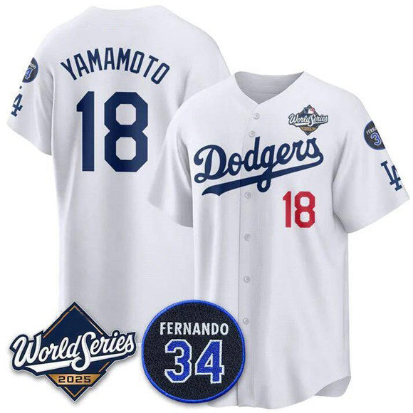 Los Angeles Dodgers #18 Yoshinobu Yamamoto White MIKSHPS 2025 World Series With No. 34 Patch Limited Stitched Jersey