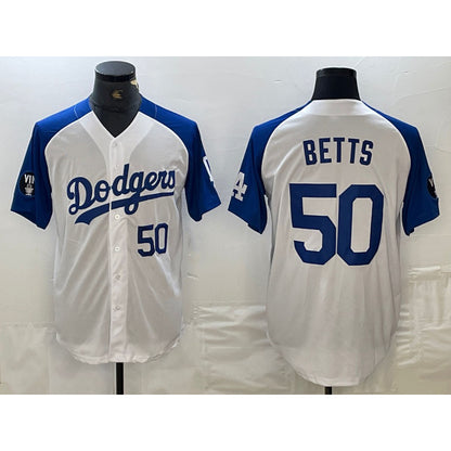 Los Angeles Dodgers #50 Mookie Betts Number White Blue MIKSHPS Fashion Stitched Cool Base Limited Jersey 2