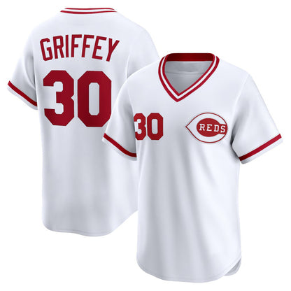 Cincinnati Reds #30 Ken Griffey White MIKSHPS Throwback Cooperstown Collection Limited Jersey