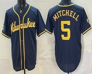 Milwaukee Brewers #5 Garrett Mitchell Navy Blue MIKSHPS Stitched Cool Base Jersey