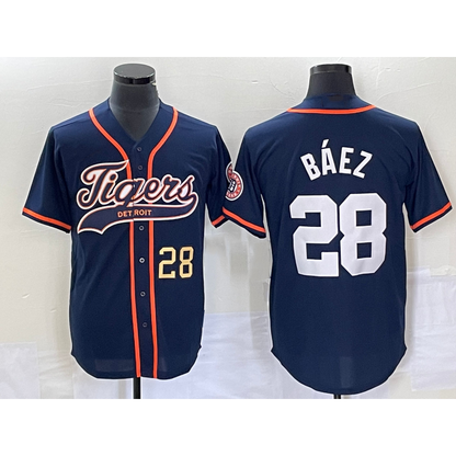 Detroit Tigers #28 Javier Baez Number Navy Blue MIKSHPS Cool Base Stitched Jersey