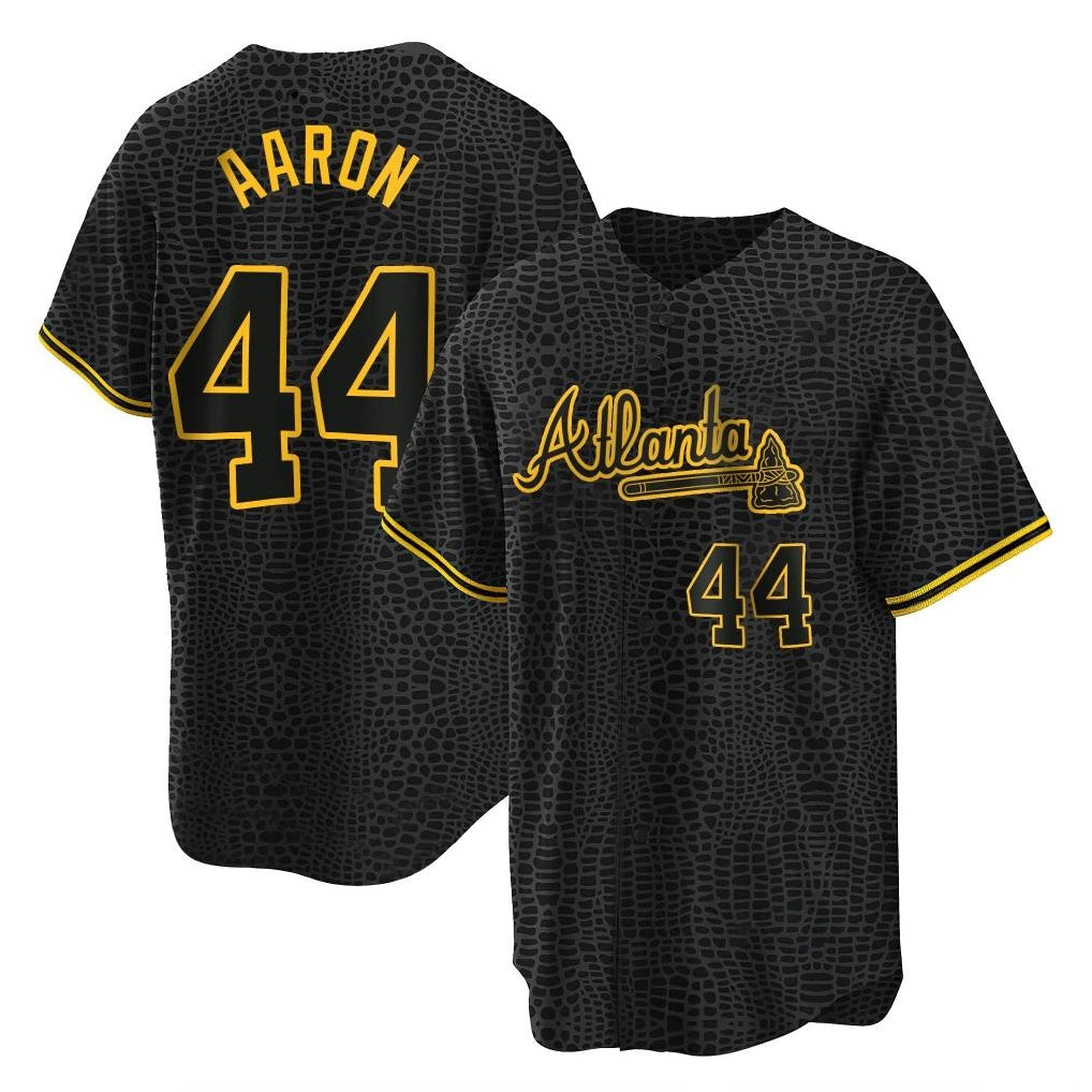 Atlanta Braves #44 Hank Aaron Player Black MIKSHPS Snake Skin City Home Game Stitched Jerseys