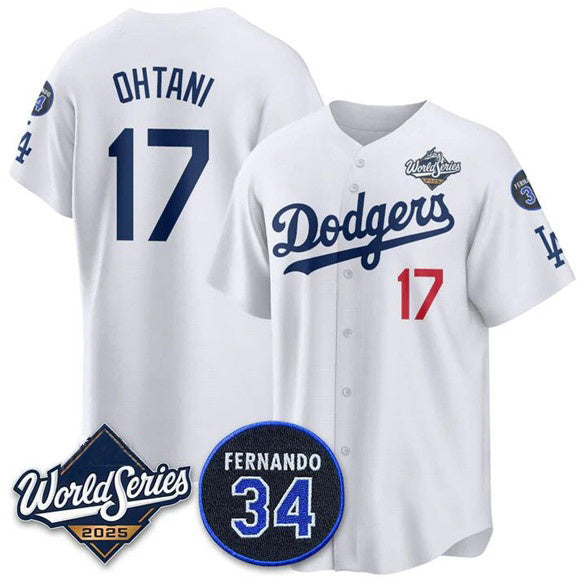 Los Angeles Dodgers #17 Shohei Ohtani White MIKSHPS 2025 World Series With No. 34 Patch Limited Stitched Jersey