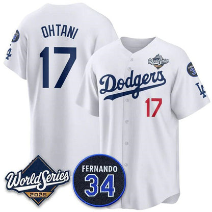 Los Angeles Dodgers #17 Shohei Ohtani White MIKSHPS 2025 World Series With No. 34 Patch Limited Stitched Jersey