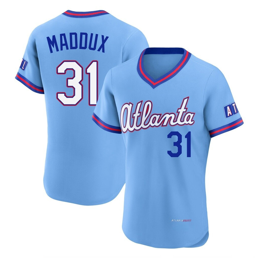 Atlanta Braves #31 Greg Maddux Player Powder Blue MIKSHPS 2026 City Connect T-shirt Limited Elite Home Game Stitched Jerseys