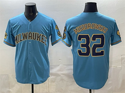 Milwaukee Brewers #32 Jacob Misiorowski Blue MIKSHPS With Home & Bob Uecker Patch Stitched Jersey