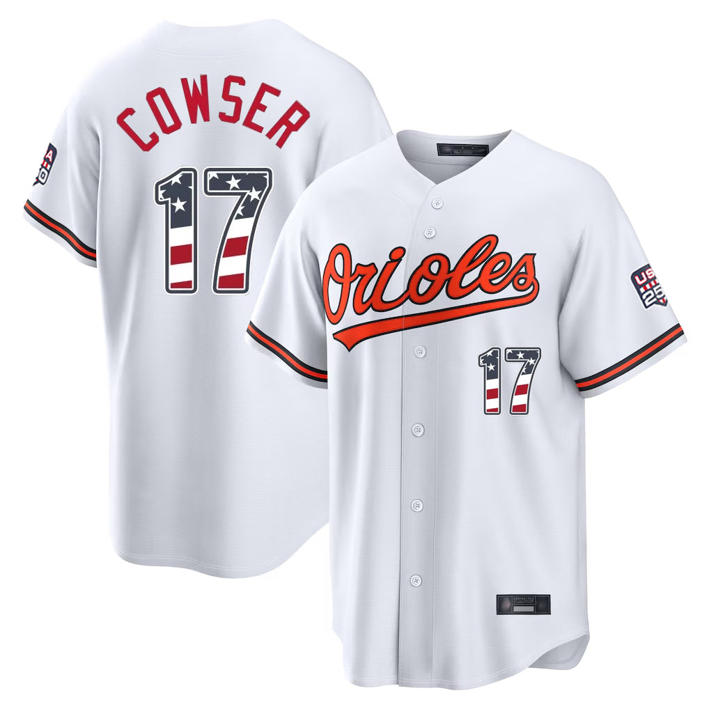 Baltimore Orioles #17 Colton Cowser Player White MIKSHPS USA 250 Fourth of July Home Game Stitched Jerseys