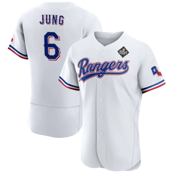 Texas Rangers #6 Josh Jung White MIKSHPS 2023 World Series Flex Base Stitched Jersey