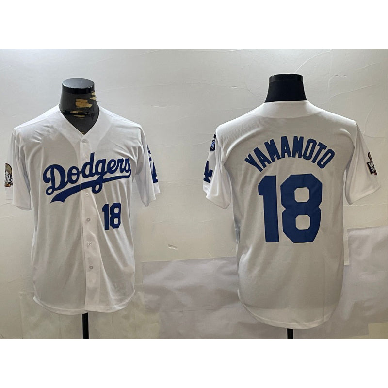 Los Angeles Dodgers #18 Yoshinobu Yamamoto White MIKSHPS 2024 World Series With Fernando Memorial Patch Home Limited Stitched Jersey 2