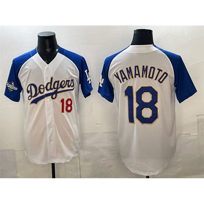 Los Angeles Dodgers #18 Yoshinobu Yamamoto White Royal MIKSHPS 2025 World Series Patch Limited Stitched Jersey