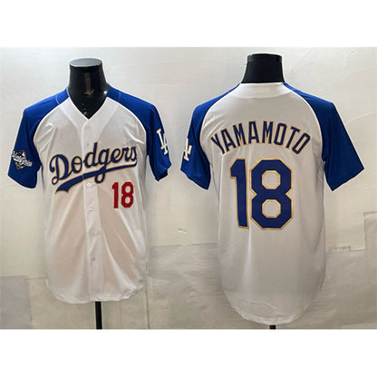 Los Angeles Dodgers #18 Yoshinobu Yamamoto White Royal MIKSHPS 2025 World Series Patch Limited Stitched Jersey