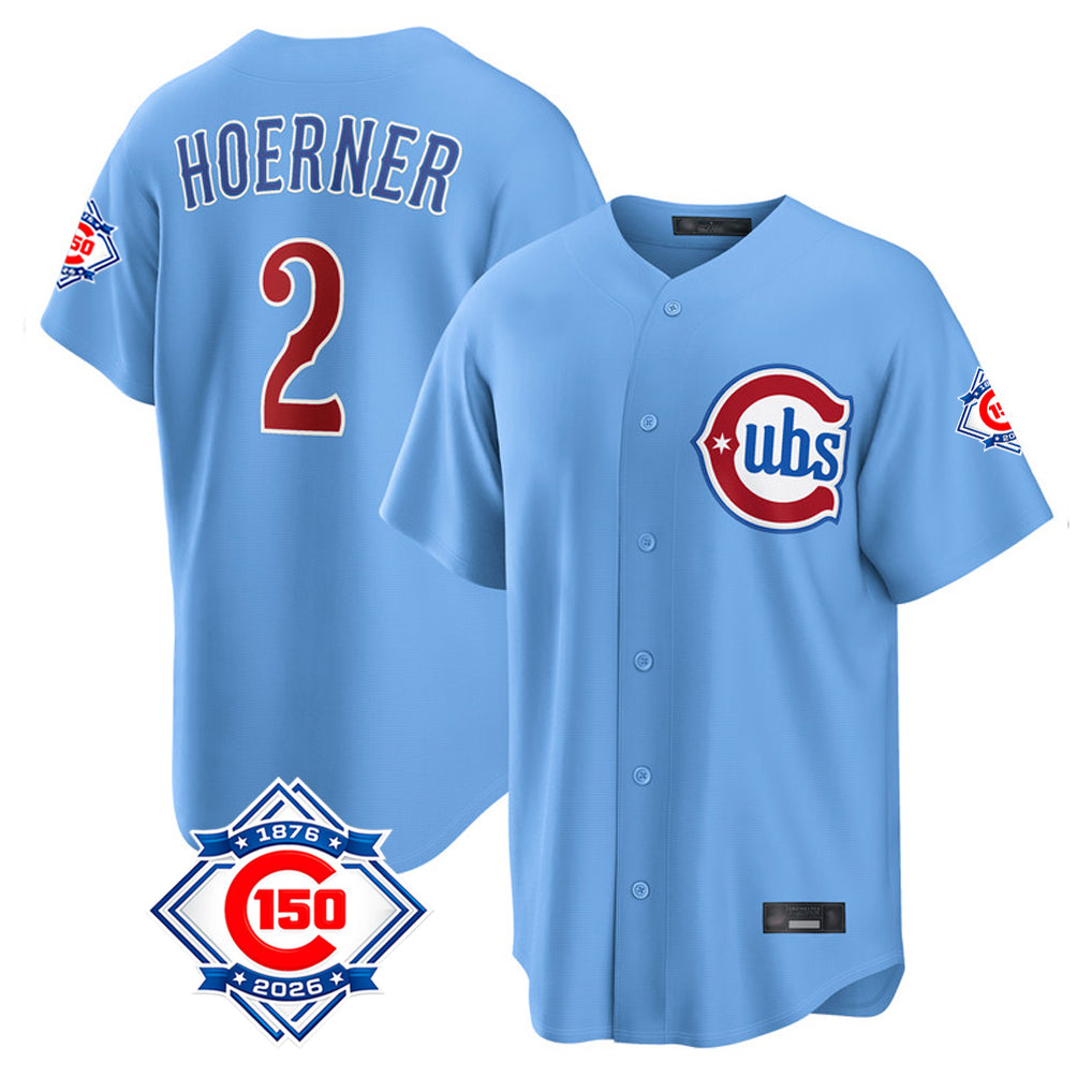 Chicago Cubs #2 Nico Hoerner Player Light Blue MIKSHPS 150th Anniversary Home Game Stitched Jerseys