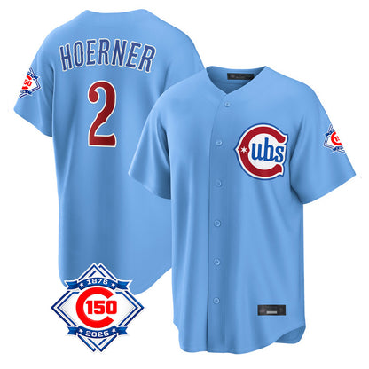 Chicago Cubs #2 Nico Hoerner Player Light Blue MIKSHPS 150th Anniversary Home Game Stitched Jerseys