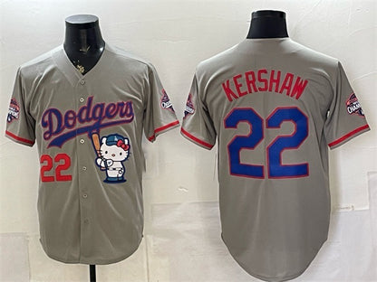 Los Angeles Dodgers #22 Clayton Kershaw Grey MIKSHPS Hello Kitty Night 2025 World Series Champions Patch Stitched Jersey