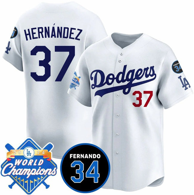 Los Angeles Dodgers #37 Teoscar Hernandez White MIKSHPS 2024 World Champions & Fernando Memorial Patch Vapor Premier Home Limited Stitched Jersey