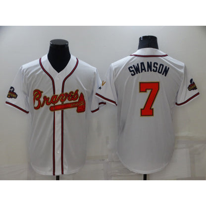 Atlanta Braves#7 Dansby Swanson 2022 White MIKSHPS Gold World Series Champions Program Cool Base Stitched Jersey