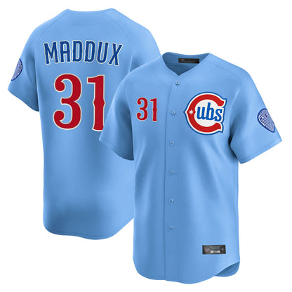 Chicago Cubs #31 Greg Maddux Player Light Blue MIKSHPS Limited Home Stitched Jerseys
