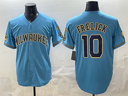 Milwaukee Brewers #10 Sal Frelick Blue MIKSHPS With Home & Bob Uecker Patch Stitched Jersey