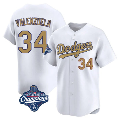 Los Angeles Dodgers #34 Fernando Valenzuela Player White Gold MIKSHPS World Series Meet Collection Limited Home Stitched Jerseys