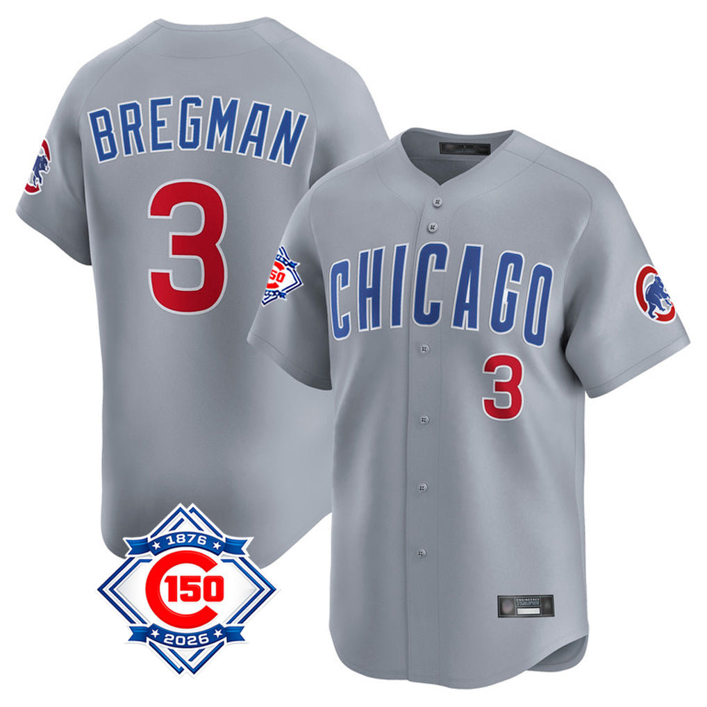 Chicago Cubs #3 Alex Bregman Player Gray MIKSHPS Road 150th Anniversary Limited Home Stitched Jerseys