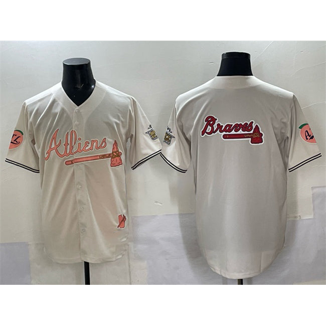 Atlanta Braves Team Big Logo Cream MIKSHPS 2024 Atliens & Peach With Outkast Patch Vapor Limited Stitched Jersey