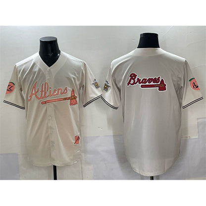 Atlanta Braves Team Big Logo Cream MIKSHPS 2024 Atliens & Peach With Outkast Patch Vapor Limited Stitched Jersey