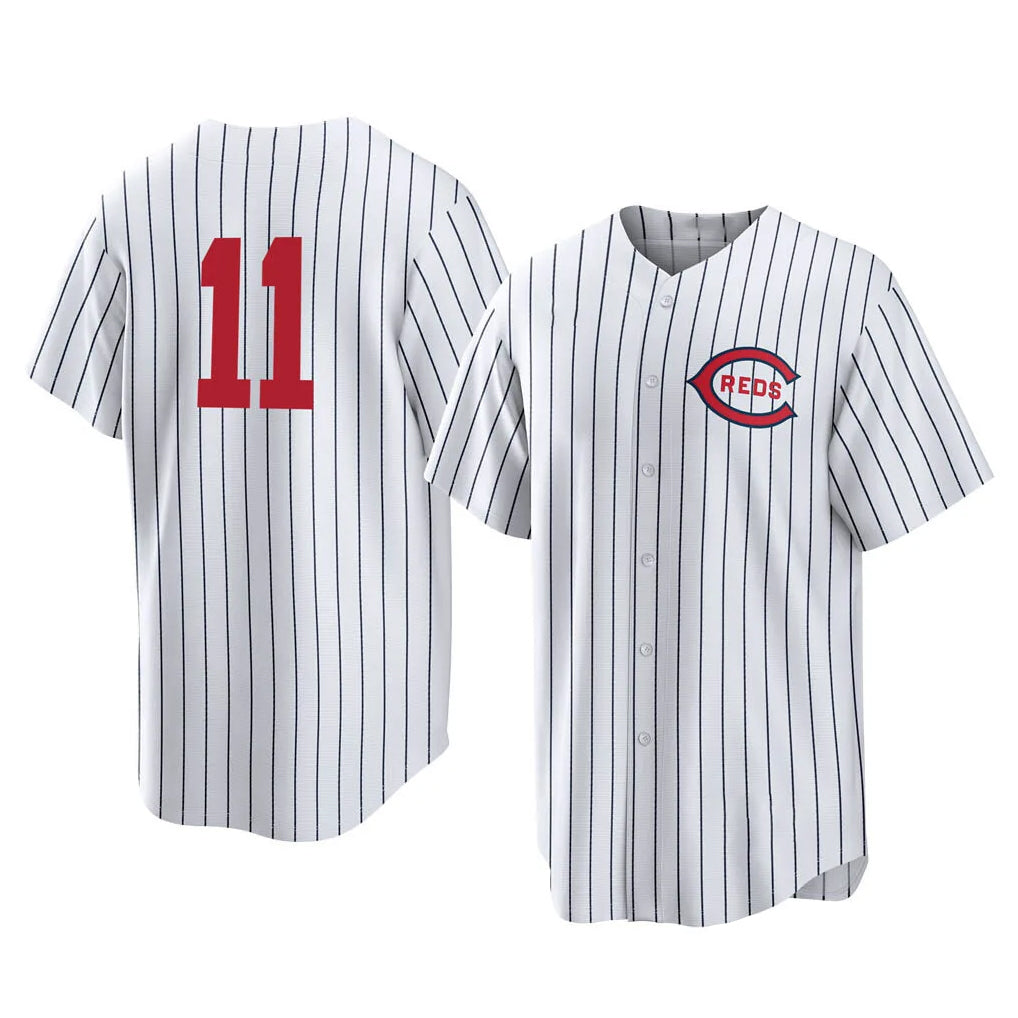 Cincinnati Reds #11 Barry Larkin Player White MIKSHPS Stripe Field of Dreams Game Home Stitched Jerseys