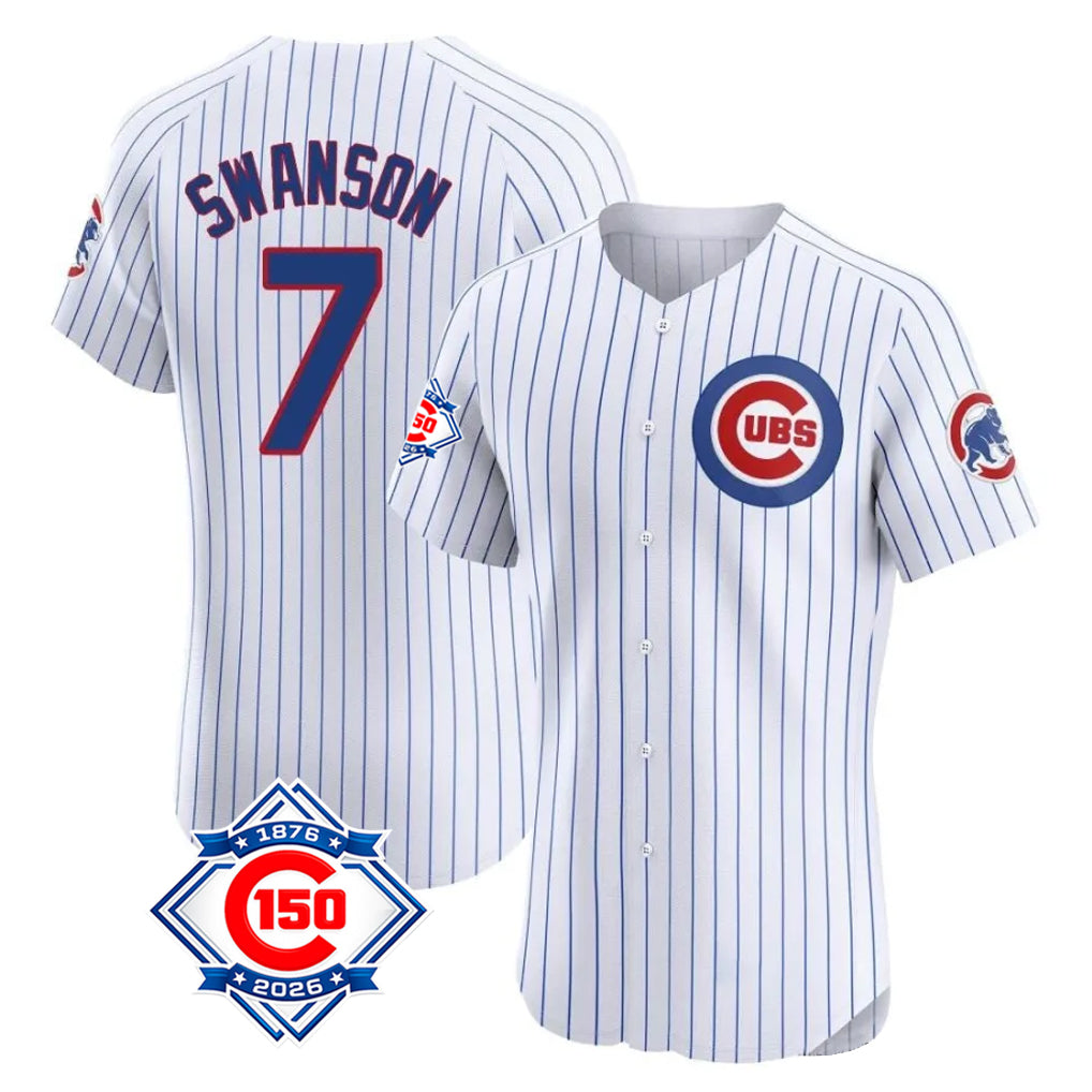 Chicago Cubs #7 Dansby Swanson Player White MIKSHPS 150th Anniversary Limited Elite Home Game Stitched Jerseys
