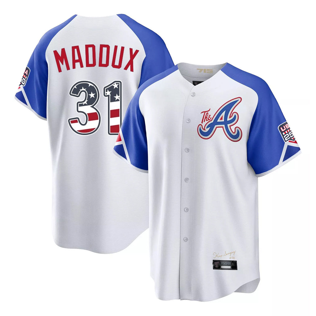 Atlanta Braves #31 Greg Maddux Player White MIKSHPS USA 250 Fourth Of July City Connect Home Game Stitched Jerseys