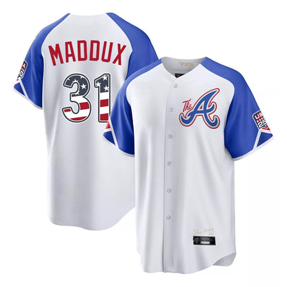 Atlanta Braves #31 Greg Maddux Player White MIKSHPS USA 250 Fourth Of July City Connect Home Game Stitched Jerseys