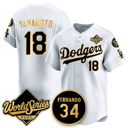 Los Angeles Dodgers #18 Yoshinobu Yamamoto White Gold MIKSHPS 2025 World Series With No.34 Patch Limited Stitched Jersey