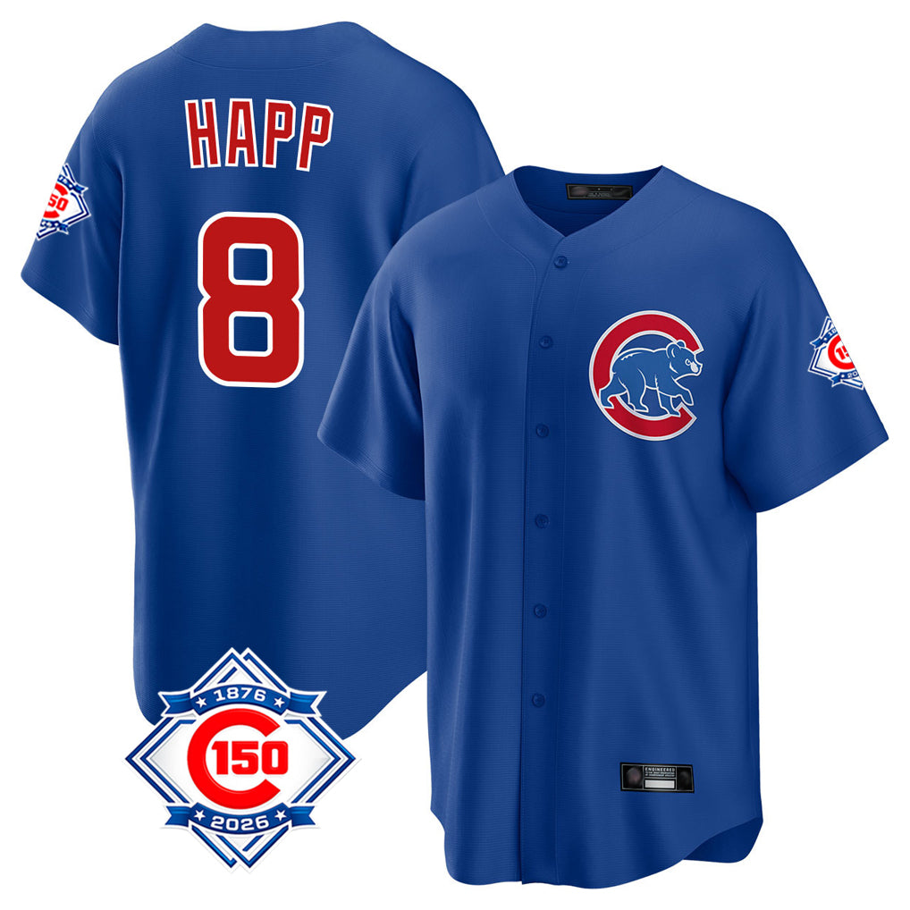 Chicago Cubs #8 Ian Happ Player Royal MIKSHPS 150th Anniversary Home Game Stitched Jerseys