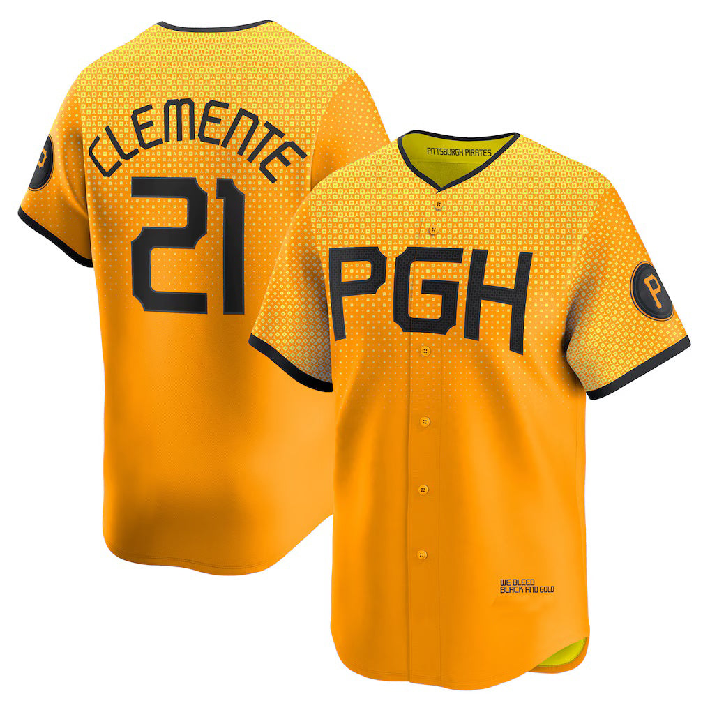 Pittsburgh Pirates #21 Roberto Clemente Gold MIKSHPS City Connect Limited Player Jersey
