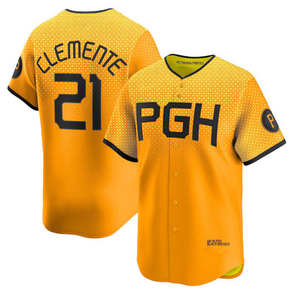 Pittsburgh Pirates #21 Roberto Clemente Gold MIKSHPS City Connect Limited Player Jersey