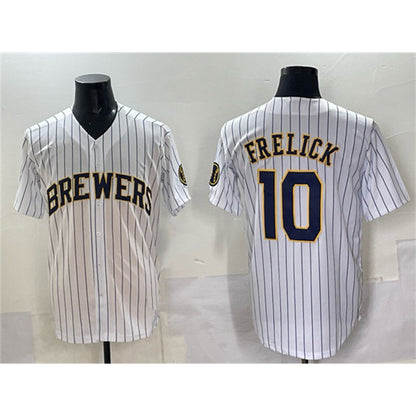 Milwaukee Brewers #10 Sal Frelick White MIKSHPS Pinstripe 2025 With Patch Stitched Jersey