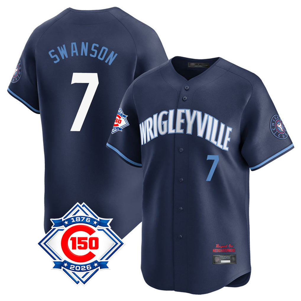 Chicago Cubs #7 Dansby Swanson Player Navy MIKSHPS City Connect 150th Anniversary Limited Home Stitched Jerseys