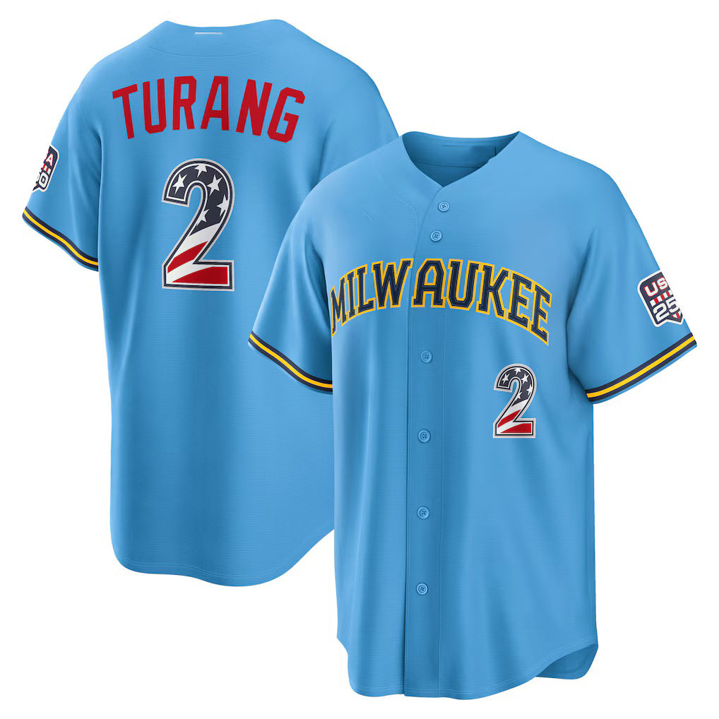 Milwaukee Brewers #2 Brice Turang USA 250 Fourth of July Road Stadium Jersey - Light Blue MIKSHPS