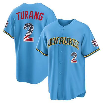 Milwaukee Brewers #2 Brice Turang USA 250 Fourth of July Road Stadium Jersey - Light Blue MIKSHPS
