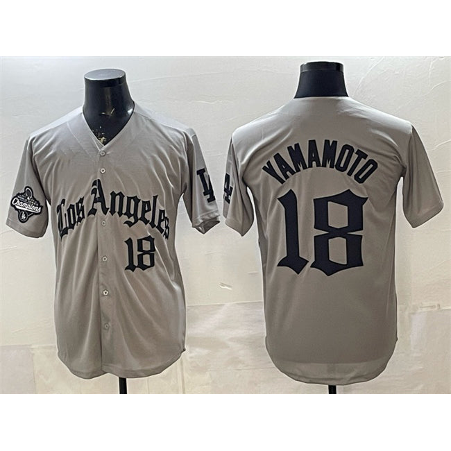Los Angeles Dodgers #18 Yoshinobu Yamamoto Grey MIKSHPS LA Gothic Style With 2025 World Series Champions Patch Limited Stitched Jersey