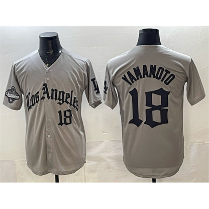 Los Angeles Dodgers #18 Yoshinobu Yamamoto Grey MIKSHPS LA Gothic Style With 2025 World Series Champions Patch Limited Stitched Jersey