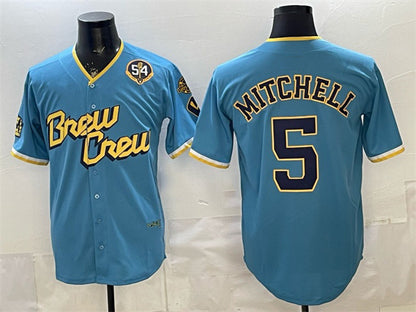 Milwaukee Brewers #5 Garrett Mitchell Powder Blue MIKSHPS City Connect With Home & Bob Uecker Patch Limited Stitched Jersey