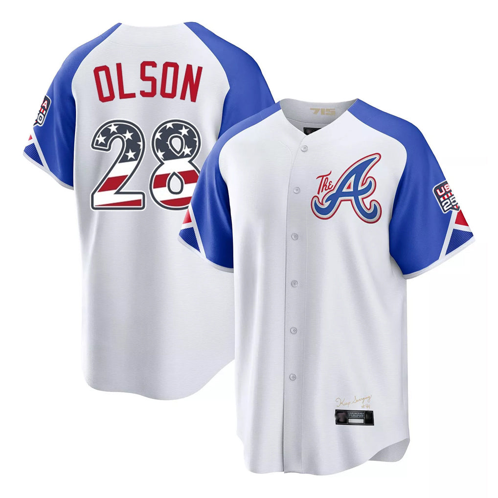 Atlanta Braves #28 Matt Olson Player White MIKSHPS USA 250 Fourth Of July City Connect Home Game Stitched Jerseys