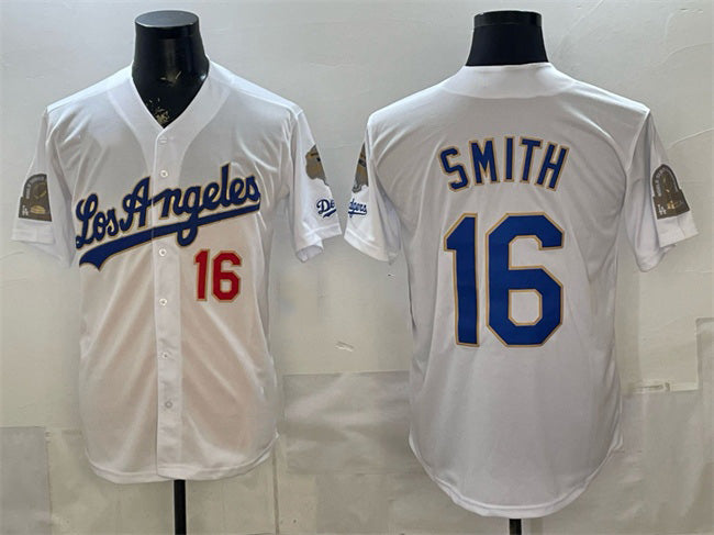 Los Angeles Dodgers #16 Will Smith White MIKSHPS 2026 Gold Collection 9x & B2B Champs Patch Stitched Jersey