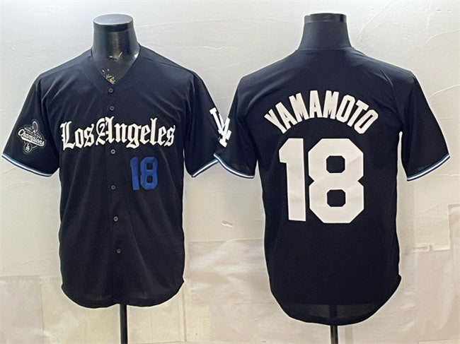 Los Angeles Dodgers #18 Yoshinobu Yamamoto Black MIKSHPS 2025 World Series Champions Patch 'Gothic Edition' Vapor Premier Limited Stitched Jersey