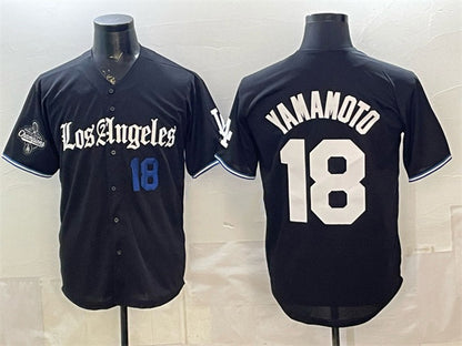 Los Angeles Dodgers #18 Yoshinobu Yamamoto Black MIKSHPS 2025 World Series Champions Patch 'Gothic Edition' Vapor Premier Limited Stitched Jersey
