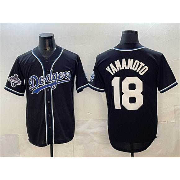 Los Angeles Dodgers #18 Yoshinobu Yamamoto Black MIKSHPS 2025 World Series Champions Patch Cool Base Stitched Jersey