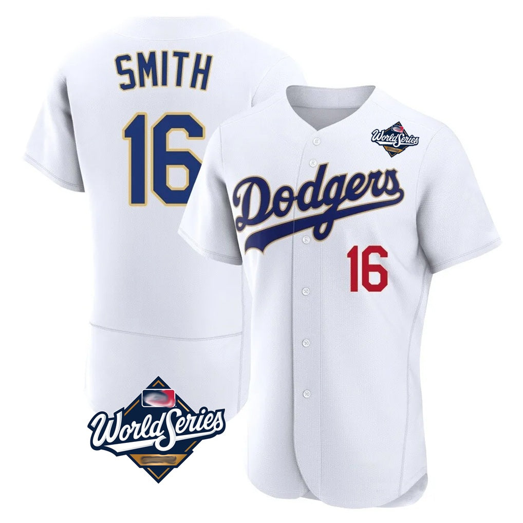 Los Angeles Dodgers #16 Will Smith Player Gold White MIKSHPS World Series 2026 Collection Stadium Limited Elite Stitched Jerseys