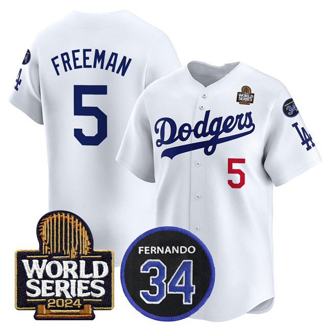 Los Angeles Dodgers #5 Freddie Freeman White MIKSHPS 2024 World Series With Fernando Memorial Patch Limited Stitched Jersey