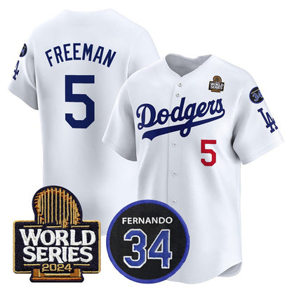 Los Angeles Dodgers #5 Freddie Freeman White MIKSHPS 2024 World Series With Fernando Memorial Patch Limited Stitched Jersey